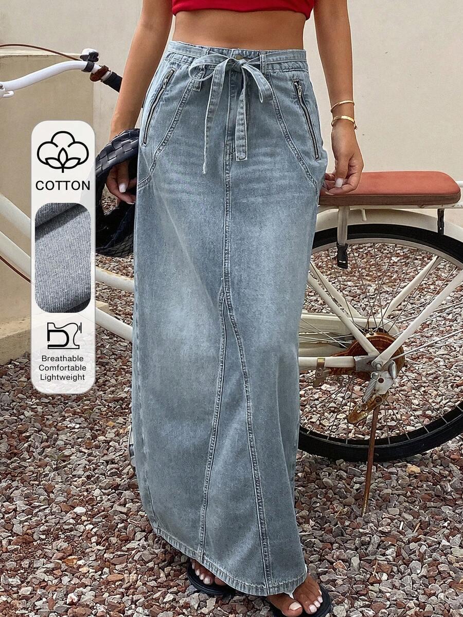 light wash denim midi skirt with tie waist