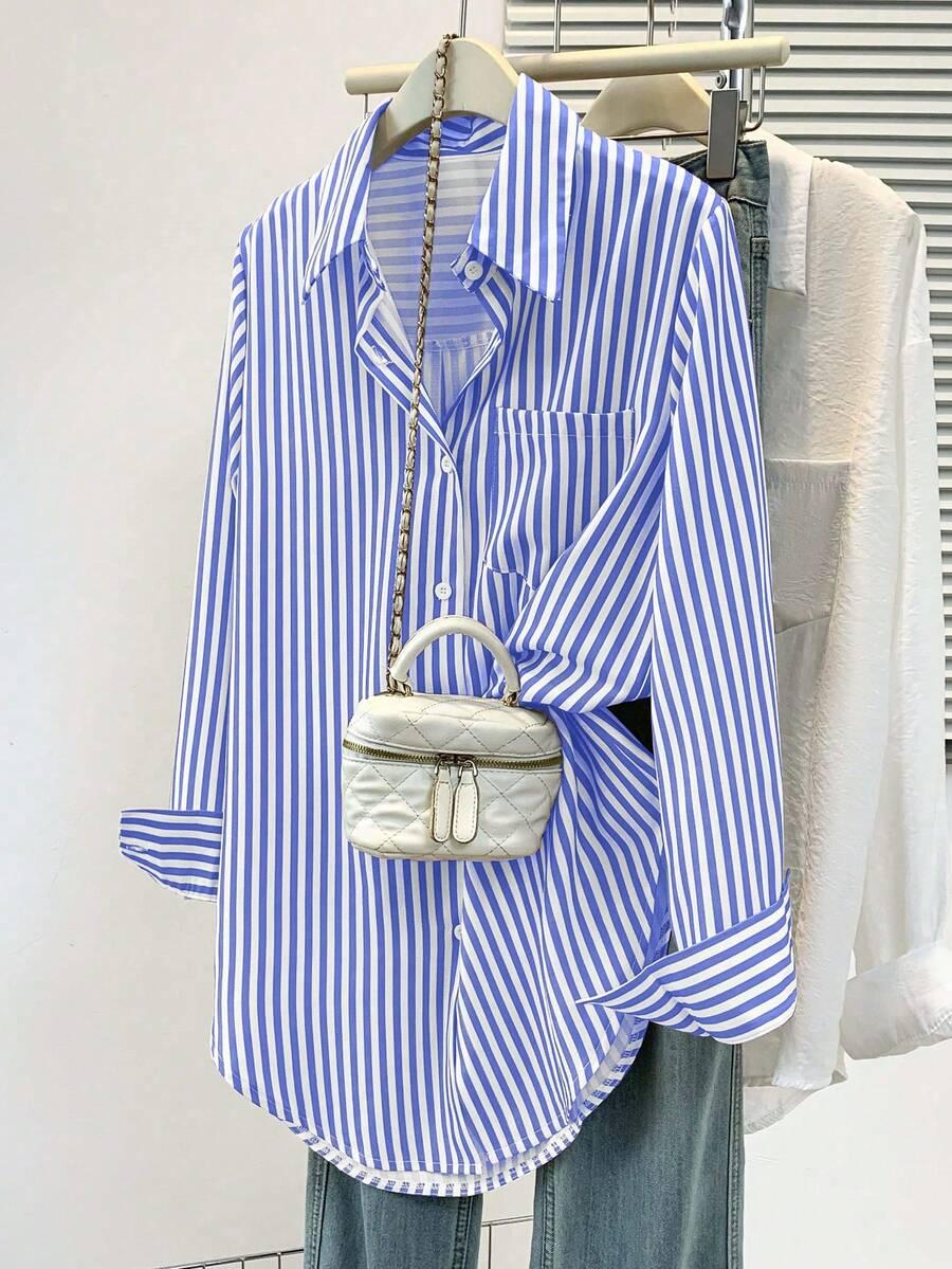 white women's casual blue and white striped button-down shirt