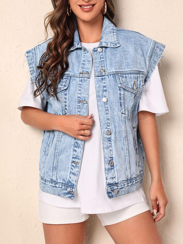 light wash denim flap pocket vest jacket