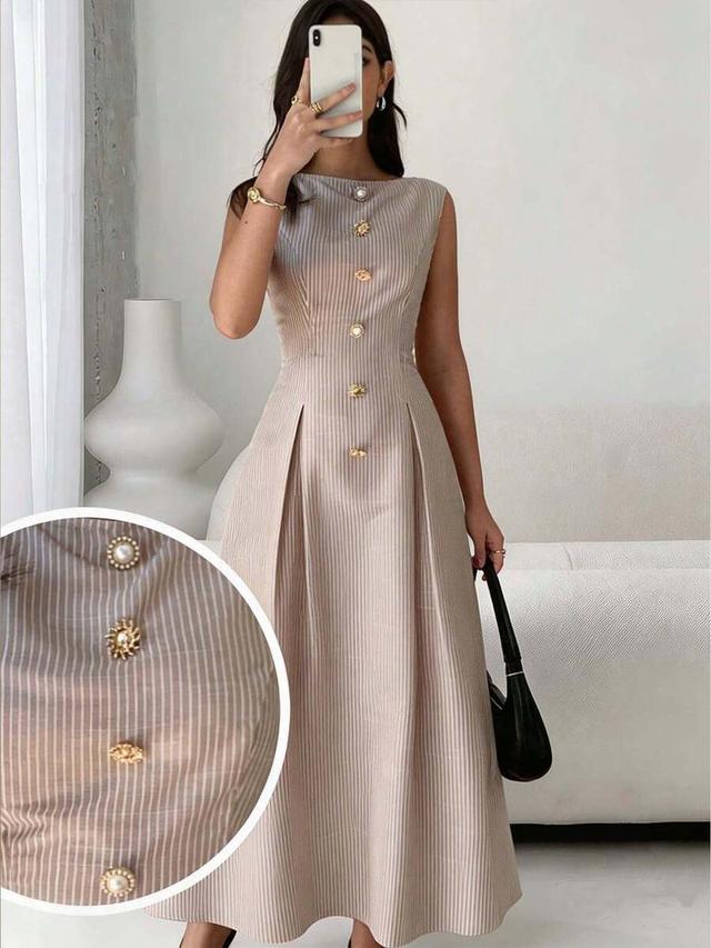 elegant striped sleeveless pleated waist dress with metal buttons