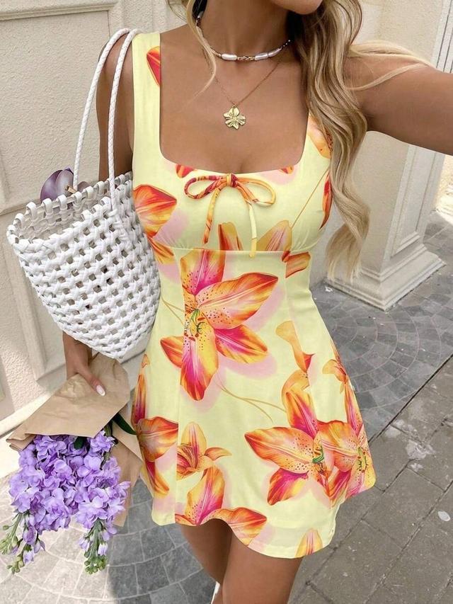 tropical floral print sleeveless mini dress