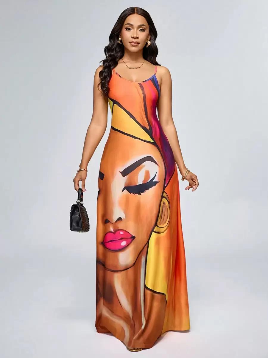 printed casual vacation style spaghetti strap maxi dress