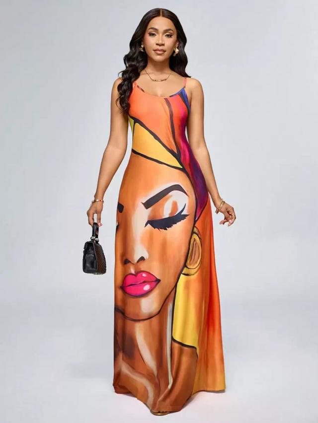 printed casual vacation style spaghetti strap maxi dress