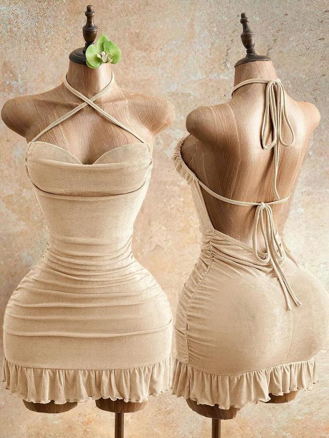beige halter neck ruched mini dress