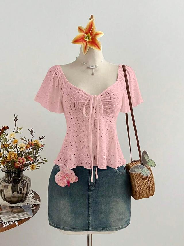 french style pink eyelet lace drawstring v-neck top