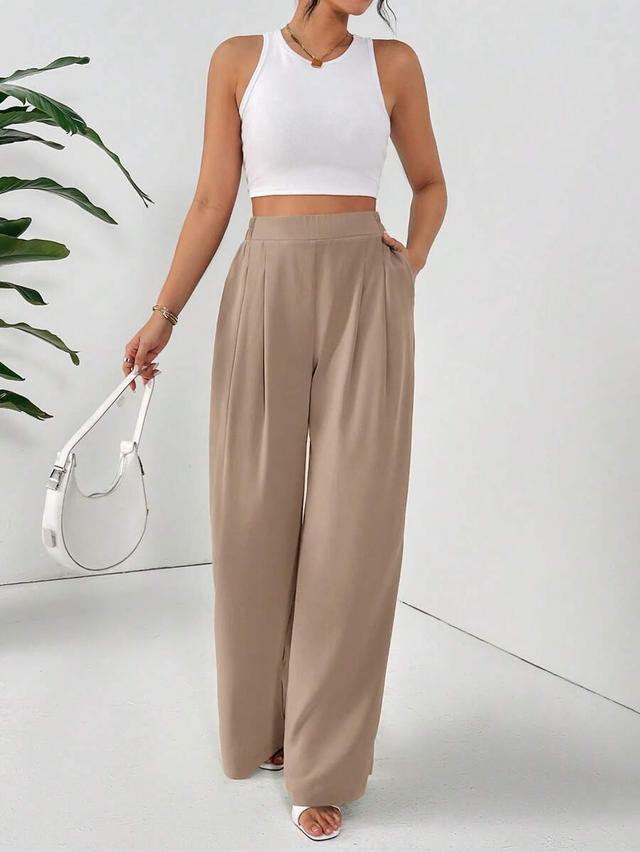 high-waist solid color pleated wide leg casual pants