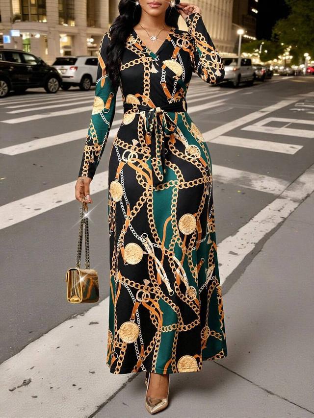 elegant chain print v-neck belted long dress