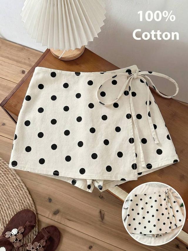 polka dot print wrap tie denim skort