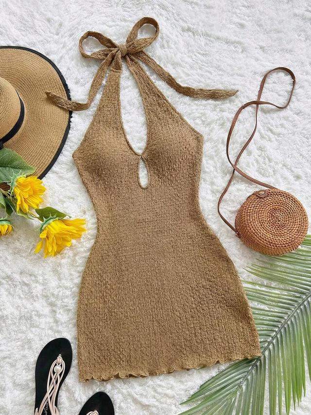 camel textured knit halter mini dress