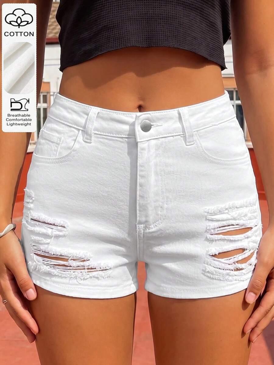 women's street style minimalist distressed denim shorts white casual