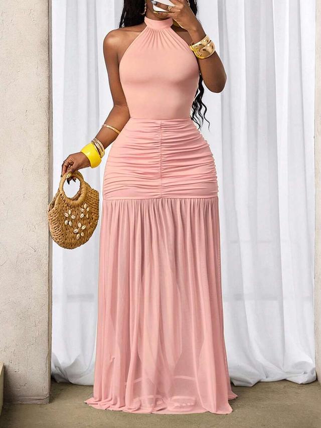 pink halter neck ruched maxi dress