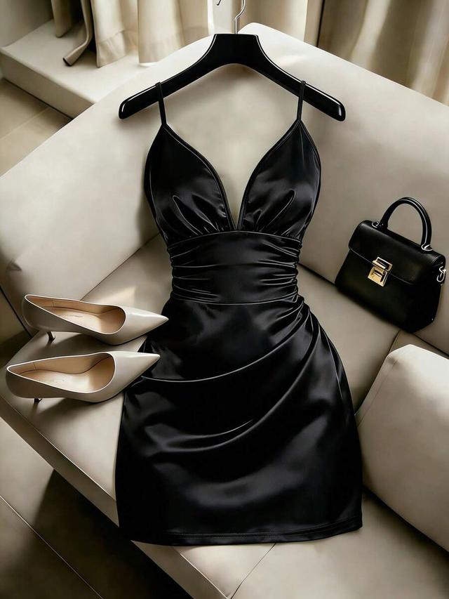 black satin v-neck ruched mini dress