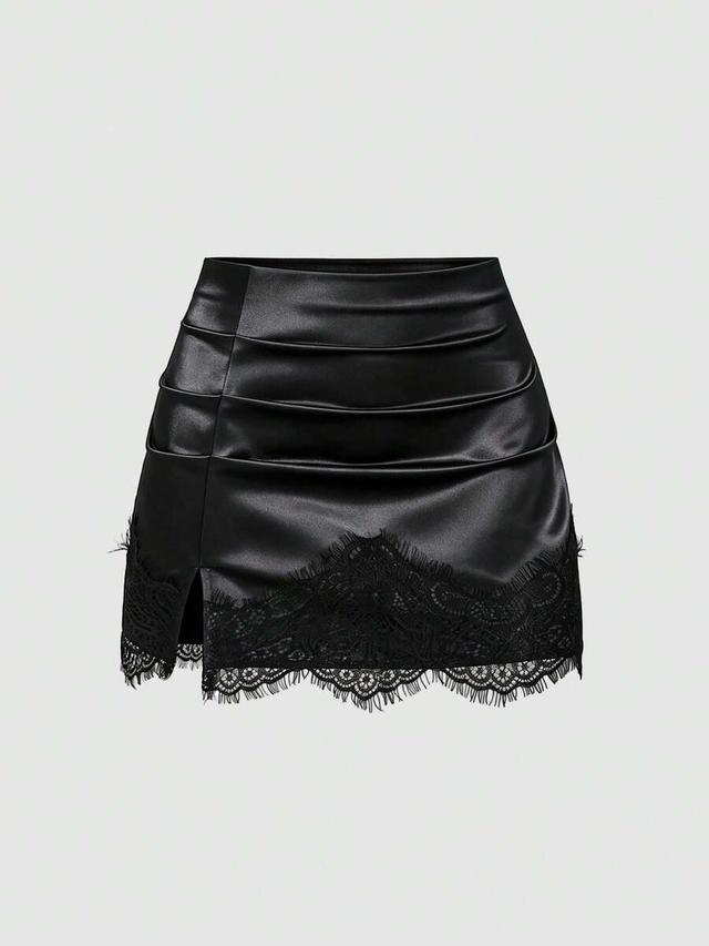 black satin mini skirt with lace trim