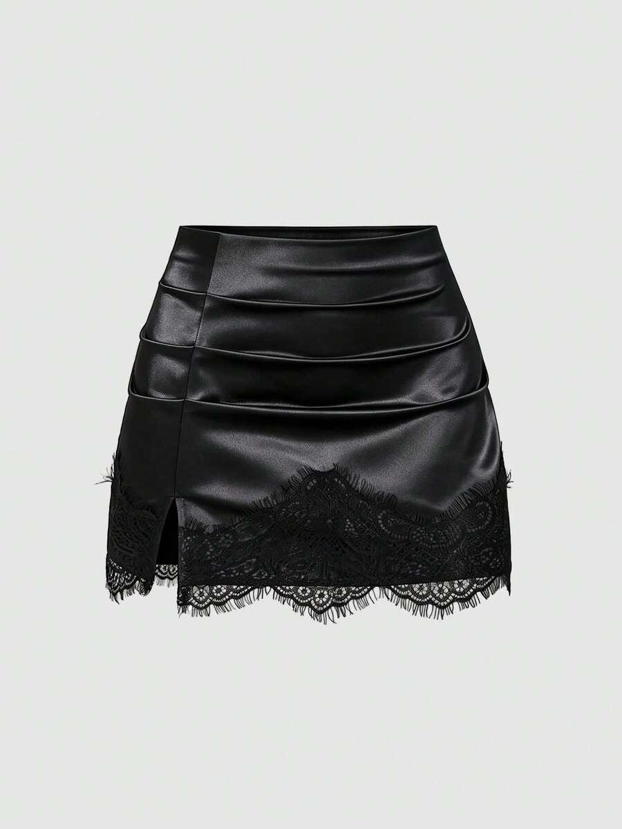 black satin mini skirt with lace trim