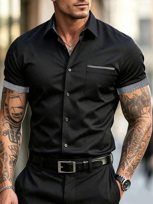 black short sleeve casual shirt with plaid trim