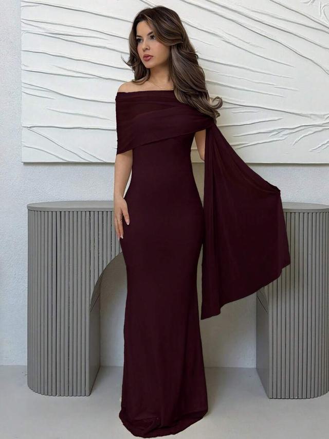 burgundy asymmetrical neck fitted formal evening dress