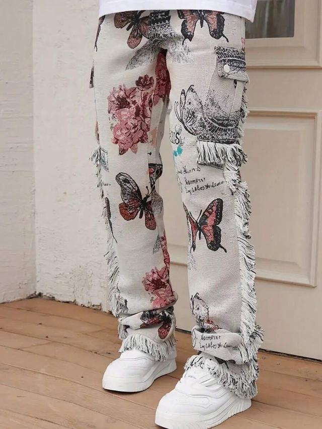 men's slim-fit butterfly print jeans with fringe details
