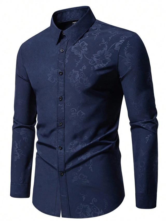 navy blue floral jacquard long sleeve button shirt