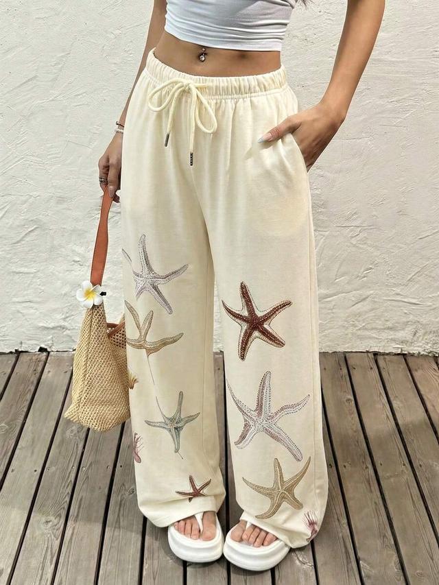 cream starfish print drawstring wide leg beach pants