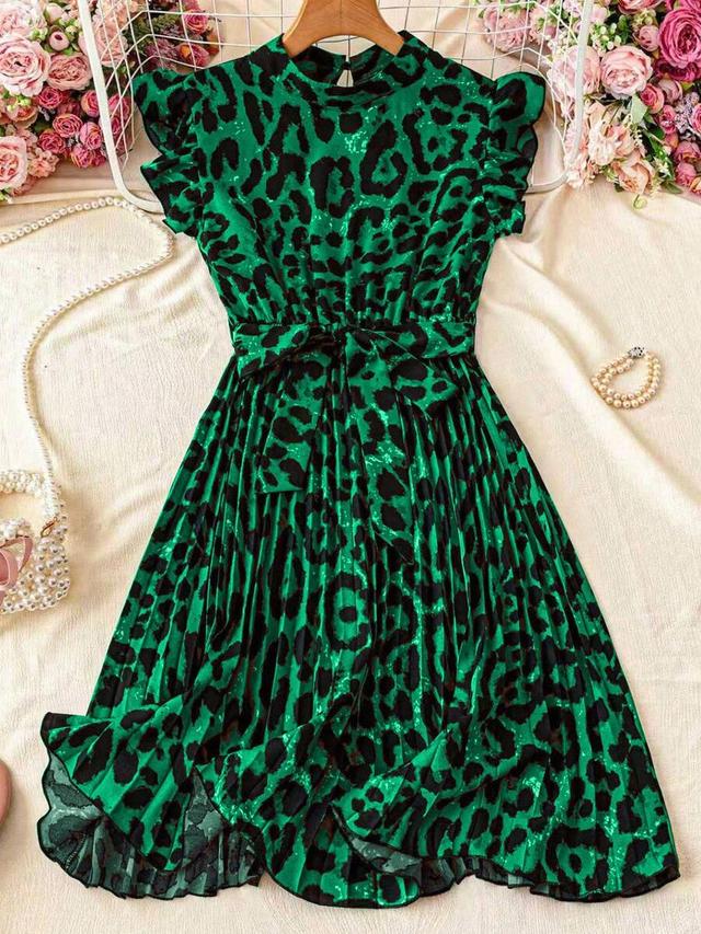 green leopard print pleated waist short sleeve dress