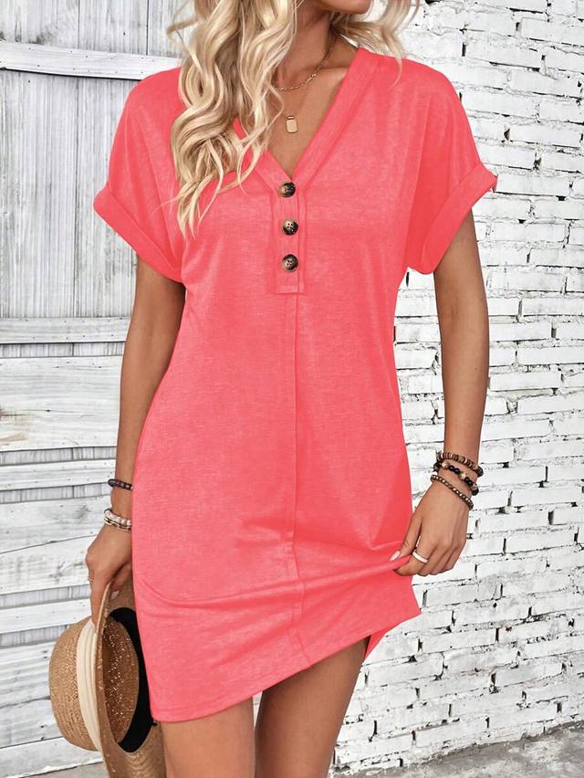 solid color button placket v-neck short sleeve dress