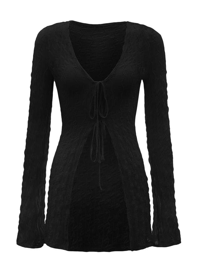 shein icon 91s bell sleeve tie front textured black top