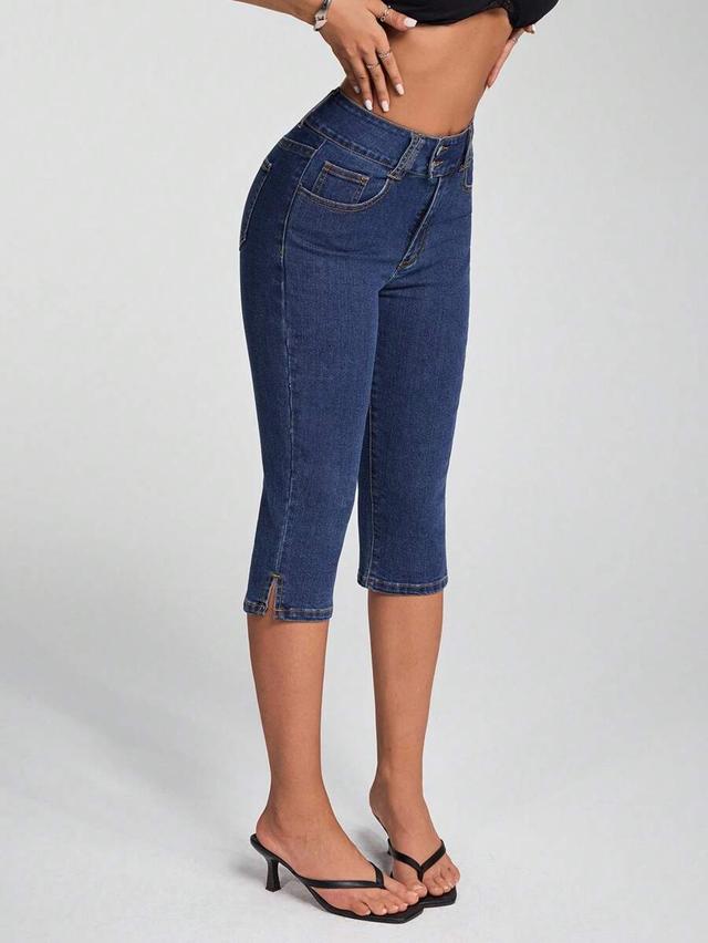 high waisted dark wash denim capri jeans
