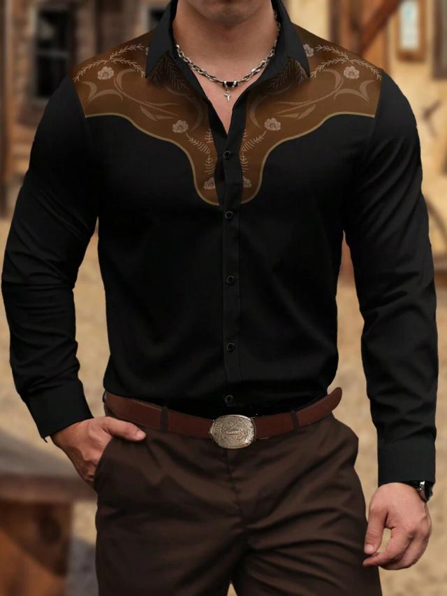 black long sleeve shirt with brown floral yoke
