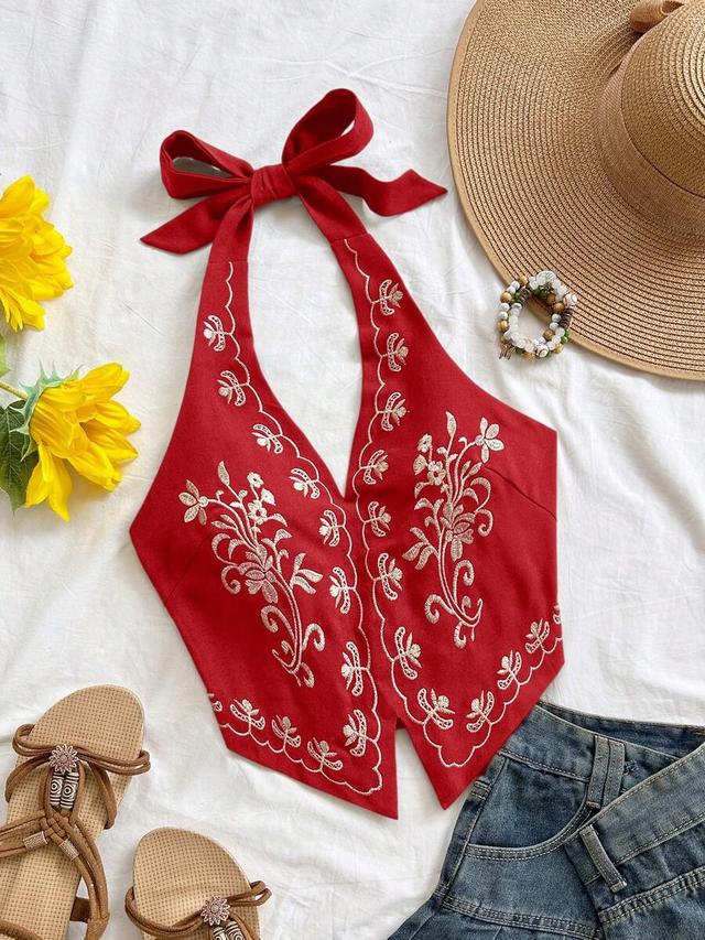 red floral embroidered halter backless bow tie crop top