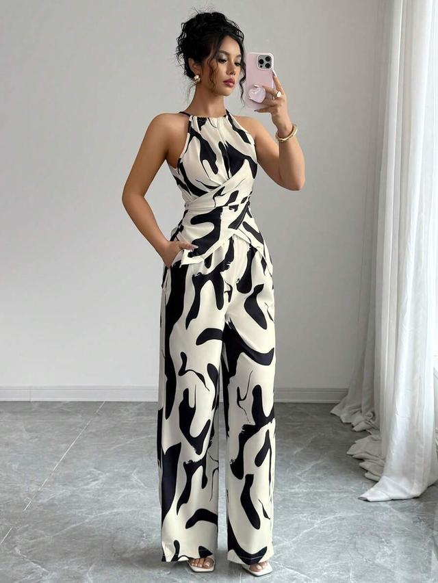 printed fabric pleated camisole and wide-leg trousers set