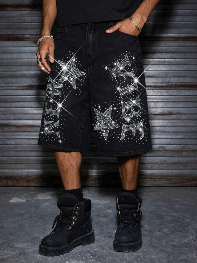 rhinestone star washed black denim shorts