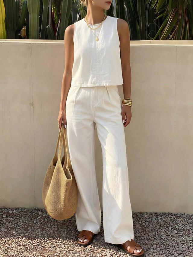 white non-stretch denim sleeveless top and trousers set