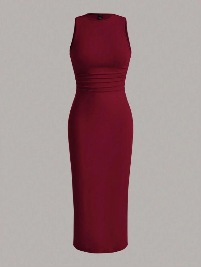 wine red sleeveless knit bodycon midi dress