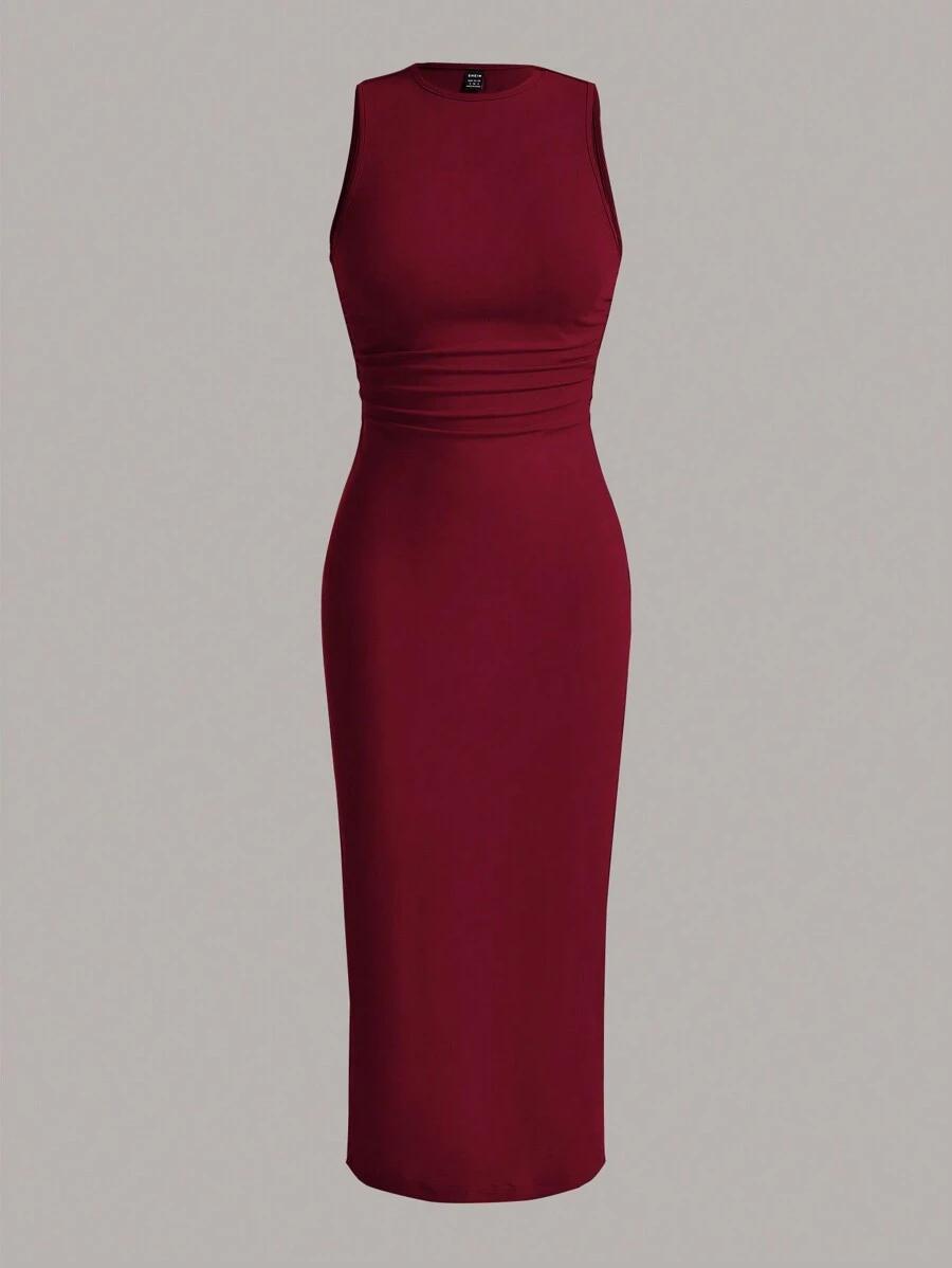 wine red sleeveless knit bodycon midi dress