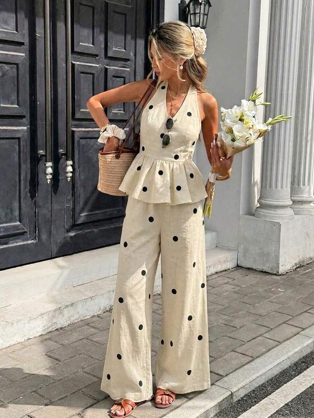beige polka dot halter peplum top and trousers set