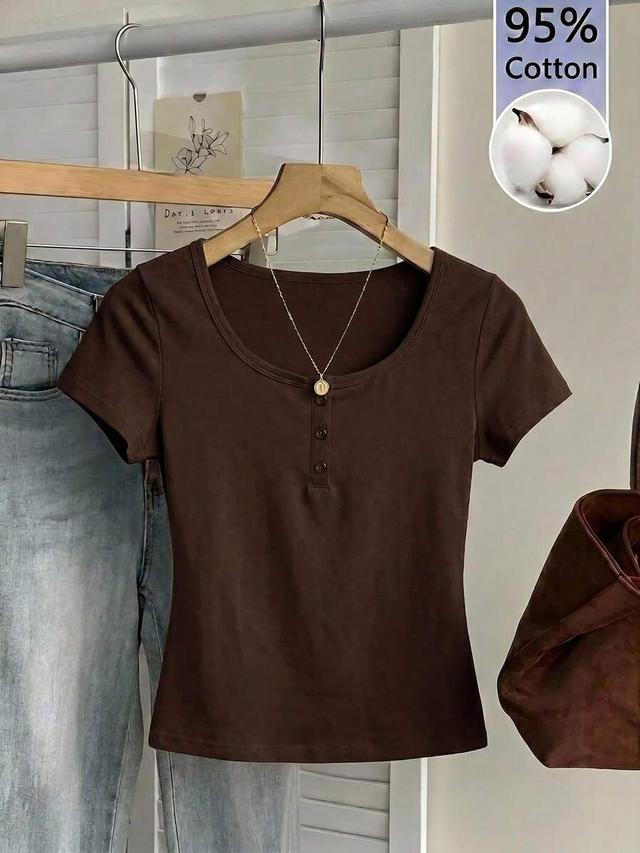 dark brown cotton henley neck short sleeve t-shirt