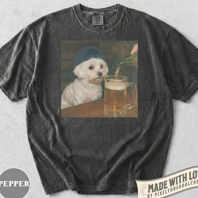 charcoal funny maltese drinking beer graphic t-shirt