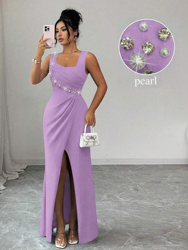 lavender sleeveless square neck pearl embellished slit dress