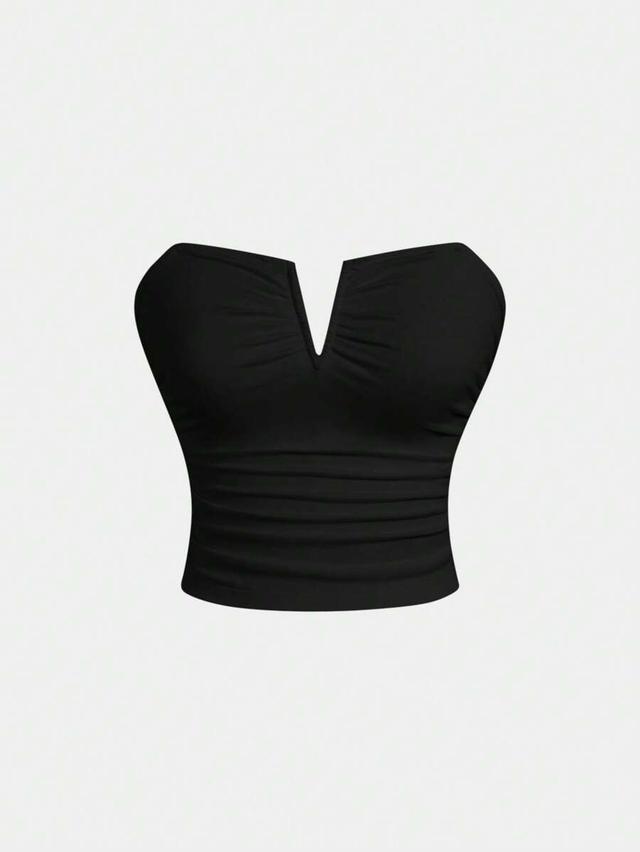 black ruched strapless tube top with v-notch