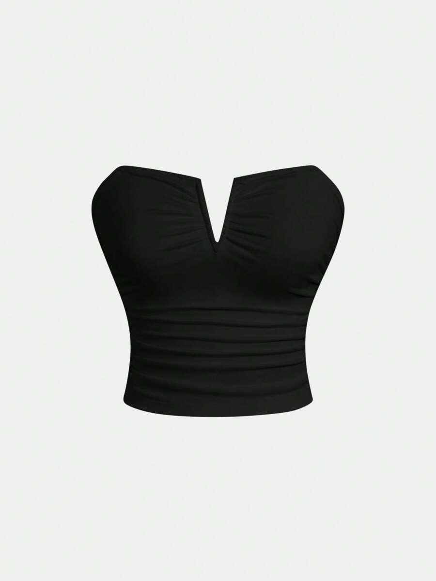 black ruched strapless tube top with v-notch