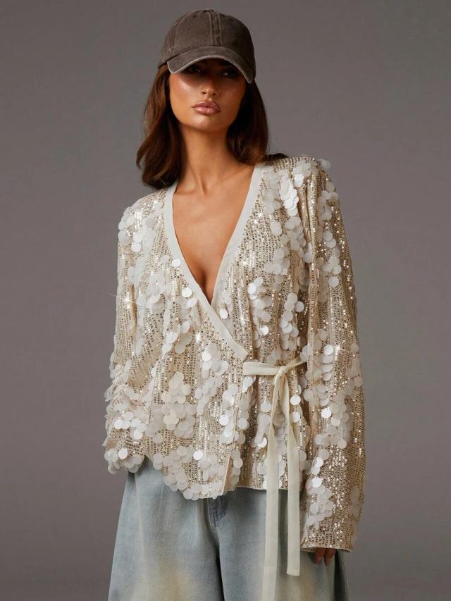 gold sequin side tie long sleeve wrap blouse