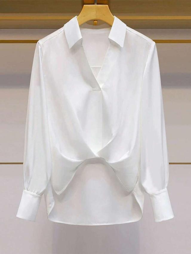 white v-neck front-twist long sleeve blouse