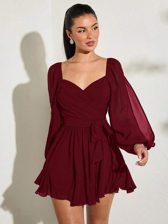 burgundy chiffon lantern sleeve tie waist mini dress