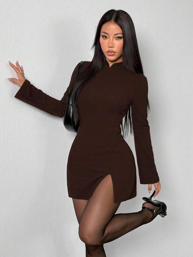 dark brown fitted stand collar mini dress