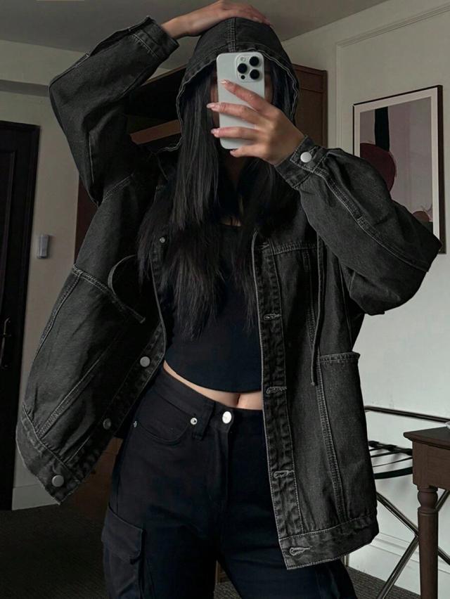 oversized black denim hooded jacket