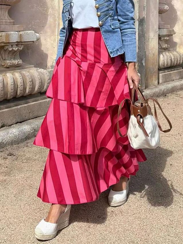 elegant striped bohemian layered maxi skirt