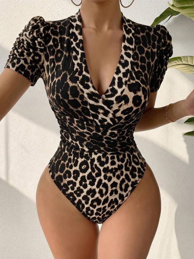 leopard print petal sleeve wrap bodysuit