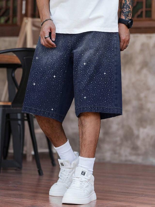 rhinestone embellished loose fit denim wide leg shorts