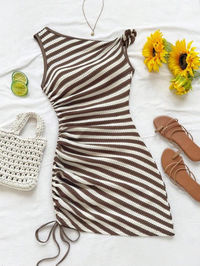 brown striped asymmetrical neck ruched drawstring mini dress