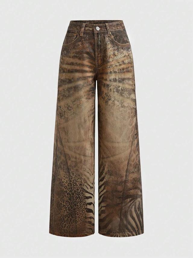 leopard print distressed wide leg denim jeans